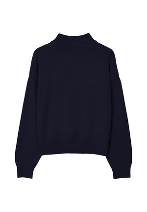 Maglione a maglia blu navy con colletto alto a costine, spalle scese e maniche lunghe. Presenta un design cropped e una texture liscia.