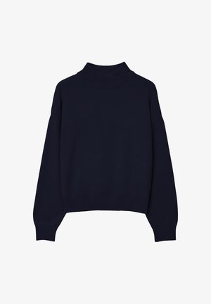 Pull en maille bleu marine avec un col côtelé haut, des épaules tombantes et des manches longues. Présente un design court et une texture douce.
