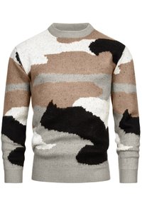 Strikket crewneck sweater med et camouflage-mønster i beige, brun, sort, hvid og grå. Tekstileret stof med ribkant ved ærmer og forneden.