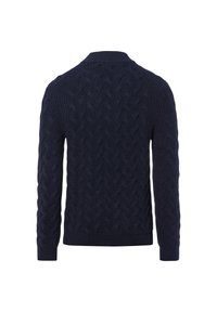 Navy-blaues, kabelgestricktes Sweatshirt mit langen Ärmeln und gerippten Bündchen, von hinten auf einem weißen Hintergrund dargestellt.