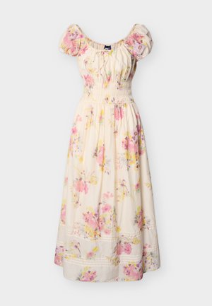 Μίντι φόρεμα σε κρεμ απόχρωση με ροζ και κίτρινο λουλουδάτο σχέδιο, φουσκωτά κοντά μανίκια, ελαστική ζώνη στη μέση και τετράγωνη λαιμόκοψη με λεπτομέρεια κορδονιού.