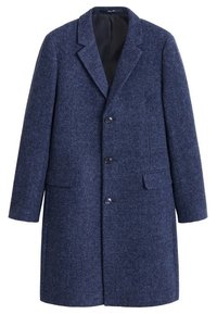 Cappotto di lana blu navy con finitura testurizzata, design a un bottone, revers a smussatura e due tasche frontali. Chiusura a quattro bottoni.