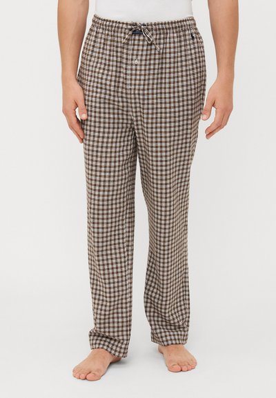 Pantalones de pijama a cuadros marrones y blancos con cintura elástica y cordón. Corte holgado, material de algodón y diseño de pierna recta.