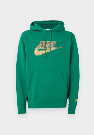 Πράσινο φούτερ Nike με μπροστινή τσέπη και χρυσό pixelated λογότυπο Nike στο στήθος και μικρό λογότυπο στο αριστερό μανίκι.