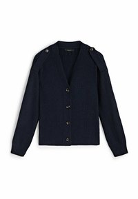 Cardigan en maille côtelée marine avec un décolleté en V, des manches longues et cinq boutons. Doté de détails aux épaules et d'un motif en maille texturé.