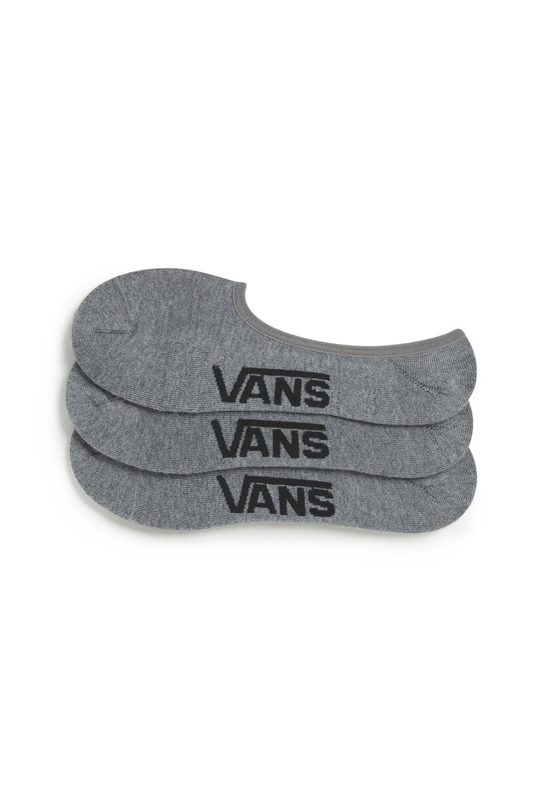 Szare skarpetki bez końca wykonane z miękkiego, teksturowanego materiału; na każdej skarpetce czarne logo "VANS". Trzy pary ułożone w stos.