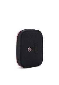Black rectangular bag with pink zipper, textured geometric pattern, and a round logo badge. Smooth surface with durable material.