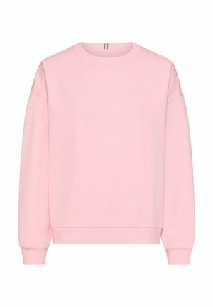 Schlichtes, hellrosa Sweatshirt mit Rundhalsausschnitt, langen Ärmeln sowie gerippten Bündchen und Saum, präsentiert vor weißem Hintergrund.