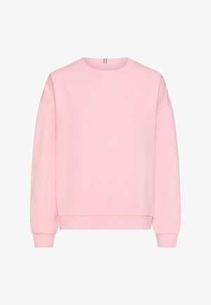 Jasnoróżowa, gładka bluza z okrągłym dekoltem, długimi rękawami oraz ściągaczami na mankietach i dole, przedstawiona na białym tle.