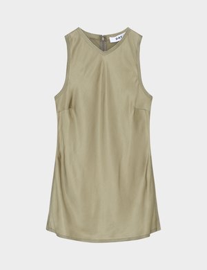 Ärmelloses olivgrünes V-Ausschnitt-Kleid mit sichtbaren Nähten und Reißverschluss am hinteren Hals, innen mit Etikett "DAY."