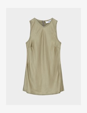 Ärmelloses olivgrünes V-Ausschnitt-Kleid mit sichtbaren Nähten und Reißverschluss am hinteren Hals, innen mit Etikett "DAY."