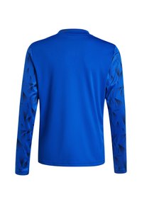 Langarm sportshirt in levendig blauw, met een effen lichaam en een zwart geometrisch patroon op de mouwen. Gemaakt van lichtgewicht, ademend materiaal.