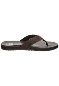 Infradito in pelle marrone con suola in gomma nera testurizzata. Presenta un design a post toe e due cinghie per supporto. Stile piatto e casual.