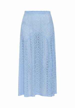 Gaiši zila mežģīņu maxi svārki ar pieguļošu jostasvietu, kurai ir sarežģīti ziedu motīvi un plūstoša, caurspīdīga tekstūra.