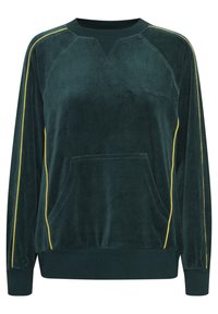 Felpa in velluto verde con collo a giro, strisce gialle sui lati, tasca frontale e polsini e orlo a costine. Tessuto morbido, design casual.