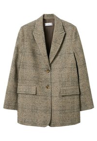 Blazer à carreaux marron en tissu mélangé laine texturé. Il présente des revers crantés, deux poches avant, et une fermeture à deux boutons.