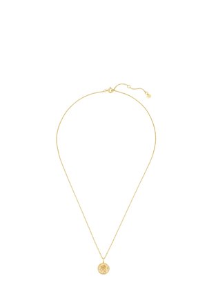 Feine goldene Halskette mit rundem Anhänger, der mit einem floralen Muster graviert ist, gesichert durch einen kleinen Verschluss und verstellbare Verlängerung.