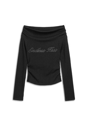Zwarte off-shoulder top in geribbelde textuur met lange mouwen. Bevat "Endless Kiss" in cursief, versierd met strass.