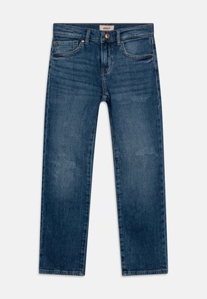 Mørkeblå denimjeans med rett snitt, med frontlommer og knapplukking. Slitte detaljer ved knærne og lett falming.