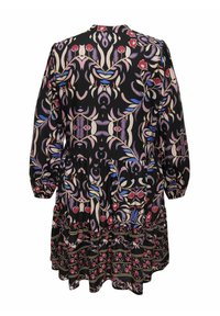 Abito in tessuto nero con maniche lunghe, scollatura rotonda e un motivo floreale in viola, rosso e blu. Dettaglio con orlo ondulato alla base.