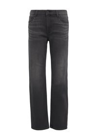 Jean en denim noir avec une coupe droite, ornés de clous décoratifs le long des poches avant et d'un style classique à cinq poches.