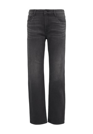 Schwarze Jeans aus Denim mit geradem Bein und dekorativen Nietenakzenten an den vorderen Taschen sowie einem klassischen Five-Pocket-Stil.