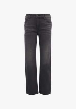 Jeans in denim neri con un design a gamba dritta, caratterizzati da dettagli con borchie decorative sui taschini anteriori e uno stile classico a cinque tasche.