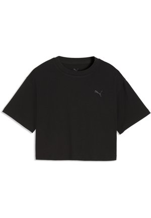 Sort cropped t-shirt med korte ærmer, rund halsudskæring og lille mørkt Puma-logo på venstre bryst.