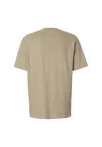 Μπεζ βαμβακερό T-shirt με κοντά μανίκια, φαίνεται από πίσω, με στρογγυλή λαιμόκοψη και απλό, μοντέρνο σχέδιο.
