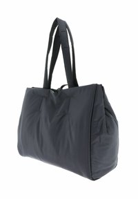 Sac fourre-tout noir rembourré avec deux longues poignées, texture douce, haut froncé et forme spacieuse. Présente un design minimaliste sans quincaillerie visible.