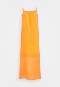 Vestido maxi laranja feito de um tecido suave, com alças finas e decote franzido. O design tem uma forma solta e fluida.