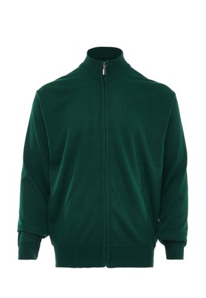 Dunkelgrüne Jacke mit Reißverschluss, hohem Rippkragen, langen Ärmeln sowie gerippten Bündchen und Saum, präsentiert vor weißem Hintergrund.