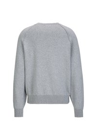 Grauer Sweatshirt mit Rundhalsausschnitt, gerippten Bündchen und Saum. Weicher Stoff und einfaches Design, ohne Muster oder Akzente. Rückansicht gezeigt.