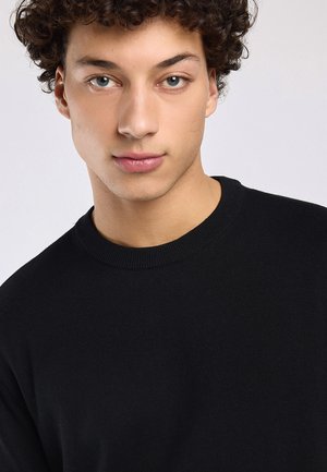 Jonge man met krullend haar en lichte ogen, gekleed in een effen zwarte trui met ronde hals, die recht vooruit kijkt tegen een effen achtergrond.