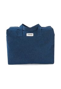 Sac en feutre bleu avec deux anses supérieures, forme rectangulaire, fermeture zippée, et une étiquette portant le texte "rive droite" à l'avant.