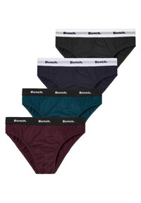 Vier Paare Bench. Pants in Schwarz, Dunkelgrau, Dunkelblau und Teal, mit elastischen Taillengebändern mit Logo und strukturiertem Stoff.