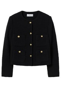 Veste noire texturée à manches longues avec encolure ronde, six boutons dorés sur le devant et quatre poches avant, chacune dotée d’un bouton doré.