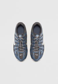 Modré a šedé športové topánky s vrchom z prehranej tkaniny, bielymi akcentmi a šnúrkami. Obsahujú logo Nike na jazyku a boku; zakrivený dizajn podrážky.