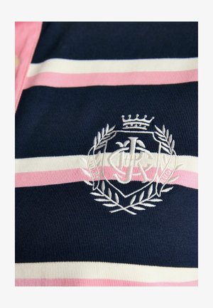 Navy, white, and pink striped fabric with embroidered white crest featuring a crown, laurel wreath, and interlocking letters.