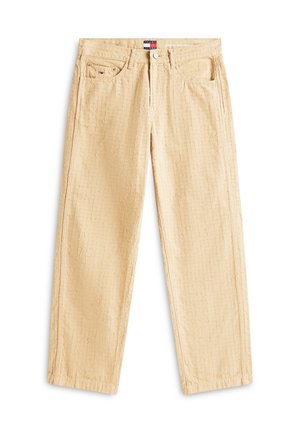Beige strukturierte Hose mit geradem Bein, vorne und hinten Taschen sowie einem kleinen Tommy Hilfiger Logo auf der vorderen rechten Tasche.