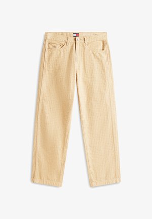 Beige strukturierte Hose mit geradem Bein, vorne und hinten Taschen sowie einem kleinen Tommy Hilfiger Logo auf der vorderen rechten Tasche.