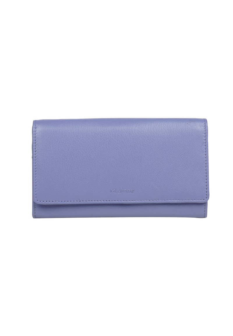 Portafoglio in pelle viola con una texture liscia, chiusura a patta e logo del marchio impresso. Presenta linee pulite e un design minimalista.