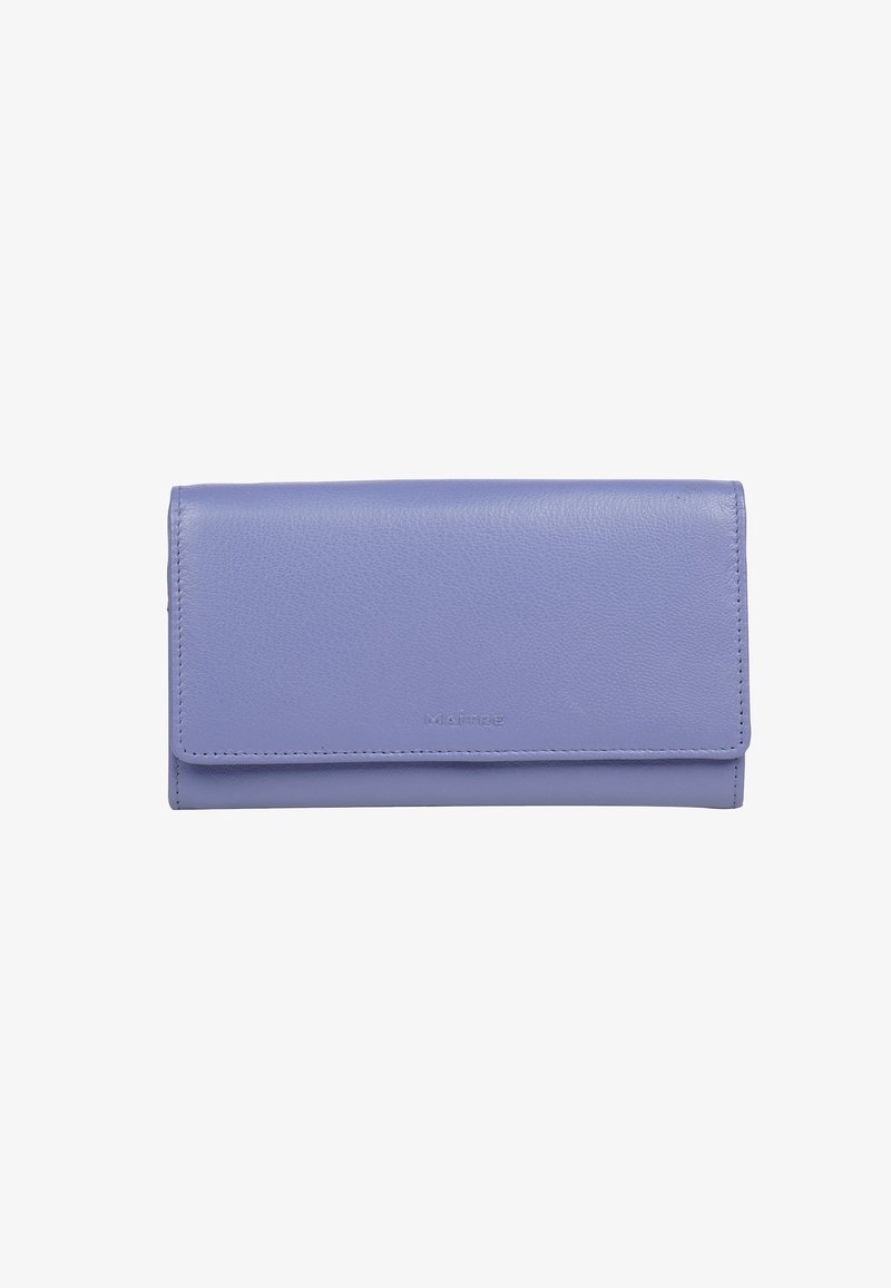 Purple leather wallet with a smooth texture, fold-over flap, and embossed brand logo. Features clean lines and a minimalist design.
