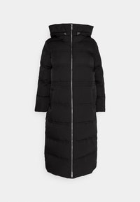 Schwarze gepolsterte Jacke mit einem Reißverschluss vorne, Kapuze und langen Ärmeln. Verfügt über horizontale Nähte und seitliche Taschen. Glatte Textur und schlichtes Design.