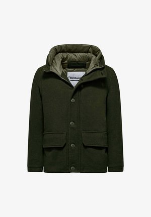 Dunkelgrüne Wollmischjacke mit einer gepolsterten Kapuze, Knopfverschluss vorne und zwei aufgesetzten Taschen. Mit einem glatten, gesteppten Innenfutter.