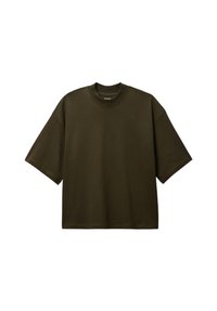 T-shirt oversize vert olive en coton, avec un col rond et des manches courtes. Design simple sans motifs ni ornements.