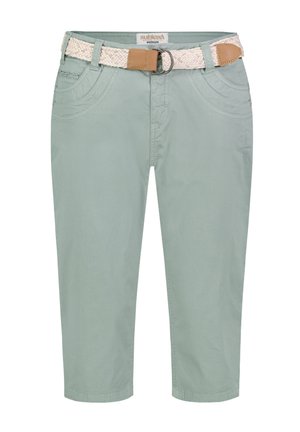 Hellgrüne, gekürzte Hose mit Fronttaschen und einem gewebten beigen Gürtel mit Leder-Schnallendetail.