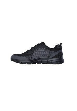 Black athletic shoes featuring a breathable mesh upper, textured pattern, flat laces, and a lightweight cushioned sole with flex grooves.