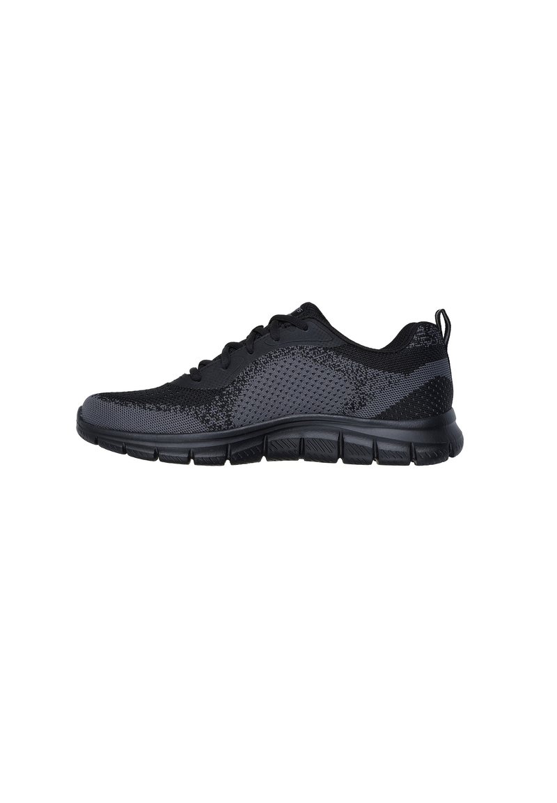 Black athletic shoes featuring a breathable mesh upper, textured pattern, flat laces, and a lightweight cushioned sole with flex grooves.
