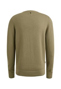 Olivgrüner, gestrickter Pullover mit einem strukturierten Muster, Rundhalsausschnitt und gerippten Bündchen und Saum. Verfügt über ein kleines Logo am Nacken.